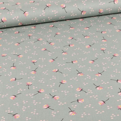 Tissu Coton imprimé Roses et pois sur fond Vert amande