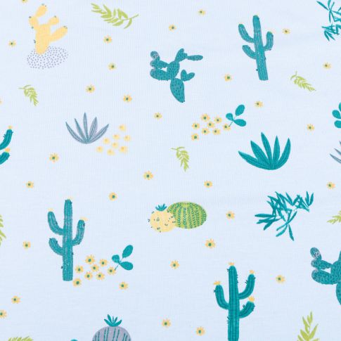 Tissu Jersey Coton Cactus et figuier de barbarie sur fond Bleu ciel