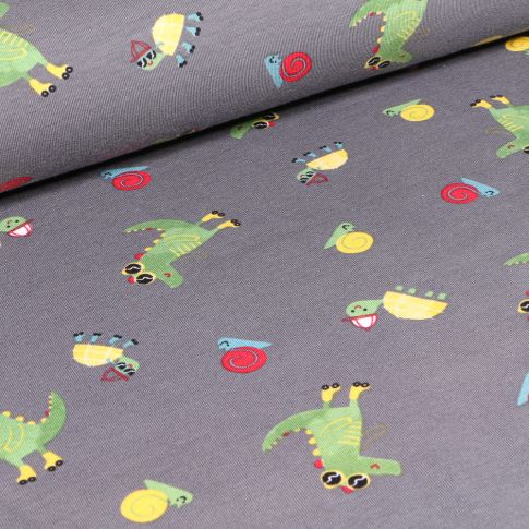 Tissu Jersey Coton imprimé Crocodiles tortues et escargots sur fond Gris