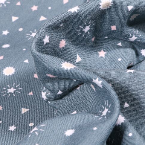 Tissu Jersey Coton Etoiles et triangles sur fond Bleu gris
