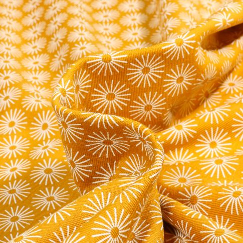 Tissu Jersey Coton Camille Soleils sur fond Jaune
