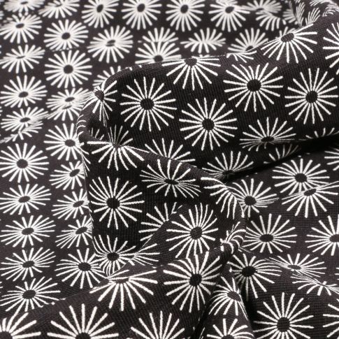 Tissu Jersey Coton Camille Soleils sur fond Noir