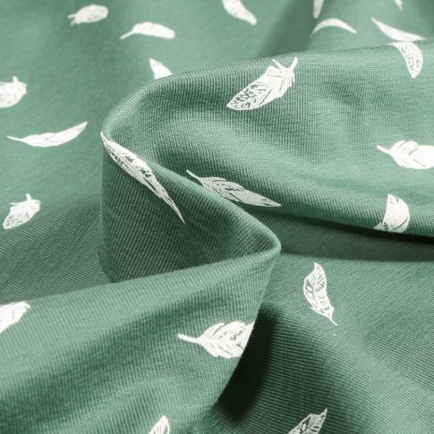 Tissu Jersey Coton Camille Plumes blanches sur fond Vert amande
