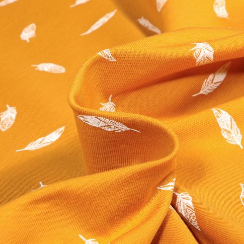 Tissu Jersey Coton Camille Plumes blanches sur fond Jaune