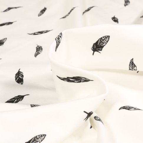 Tissu Jersey Coton Camille Plumes noires sur fond Blanc cassé