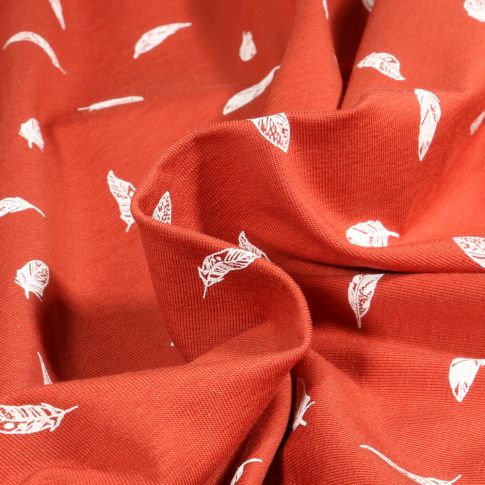 Tissu Jersey Coton Camille Plumes blanches sur fond Rouge