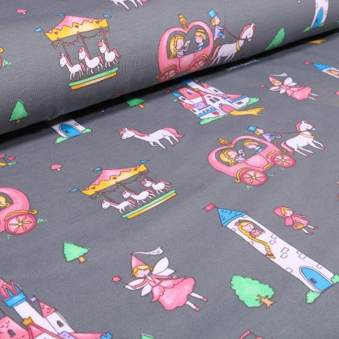 Tissu Jersey Coton Fées, carrosses et manèges sur fond Gris