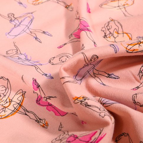 Tissu Jersey Coton Esquisses de danseuses sur fond Rose saumon