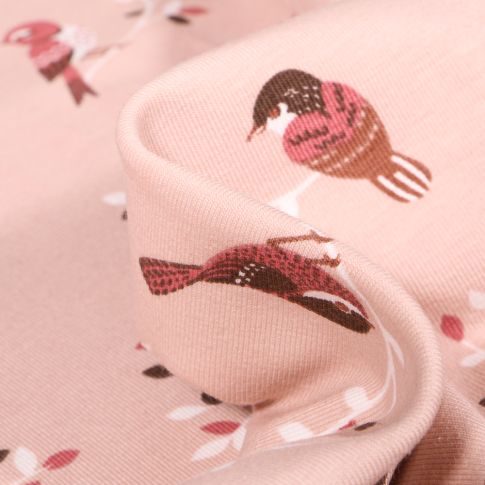 Tissu Jersey Coton Oiseaux et feuilles sur fond Rose nude