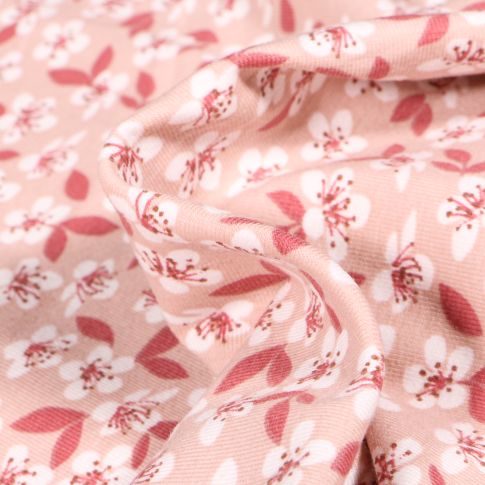Tissu Jersey Coton Fleurs de cerisier sur fond Rose nude