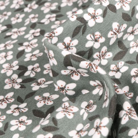 Tissu Jersey Coton Fleurs de cerisier sur fond Vert d'eau