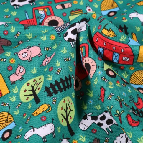 Tissu Jersey Coton Animaux à la ferme sur fond Vert