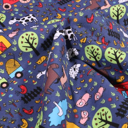 Tissu Jersey Coton Animaux à la ferme sur fond Bleu