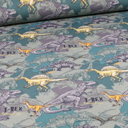 Tissu Jersey Coton T-rex sur fond Gris clair