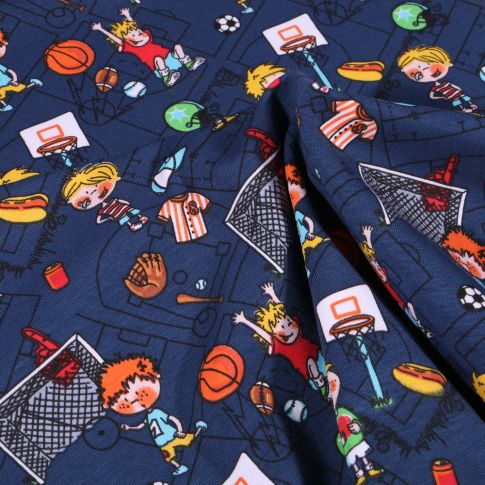 Tissu Jersey Coton Petits sportifs sur fond Bleu marine