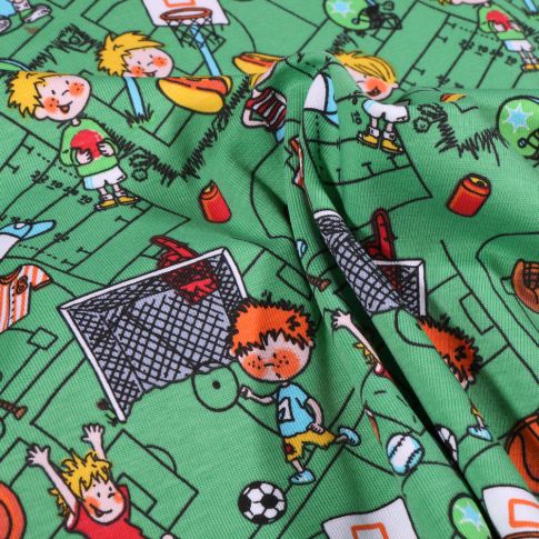 Tissu Jersey Coton Petits sportifs sur fond Vert vif