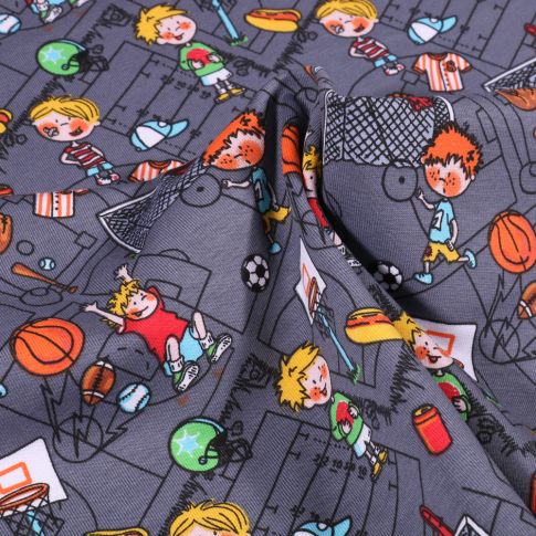 Tissu Jersey Coton Petits sportifs sur fond Gris
