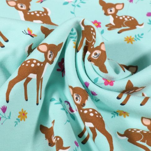 Tissu Jersey Coton Faons dans sa prairie sur fond Bleu lagon