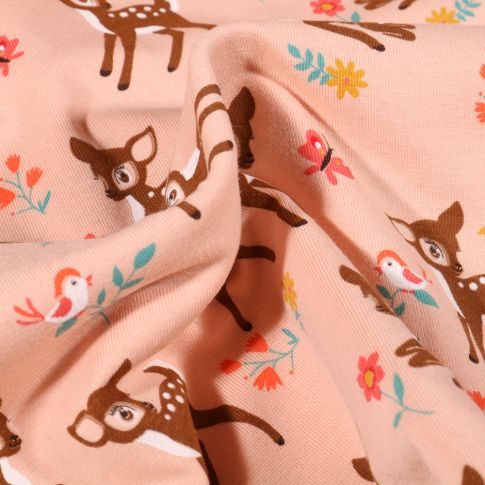 Tissu Jersey Coton Faons dans sa prairie sur fond Rose saumon