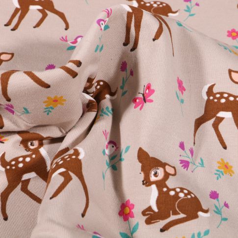 Tissu Jersey Coton Faons dans sa prairie sur fond Beige