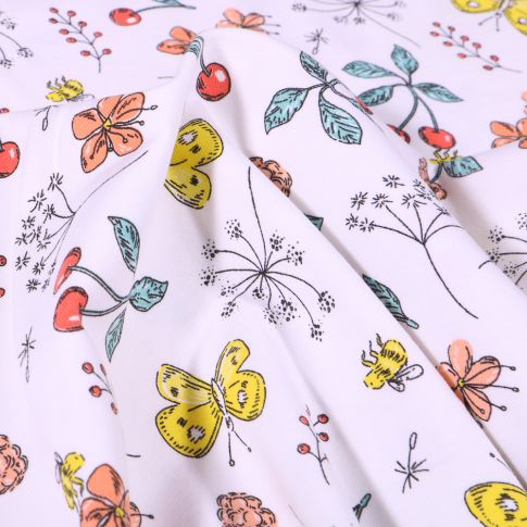 Tissu Jersey Coton Papillons cerises et fleurs sur fond Blanc