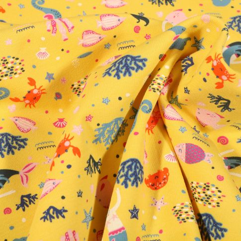 Tissu Jersey Coton Sirènes sous l'océan sur fond Jaune