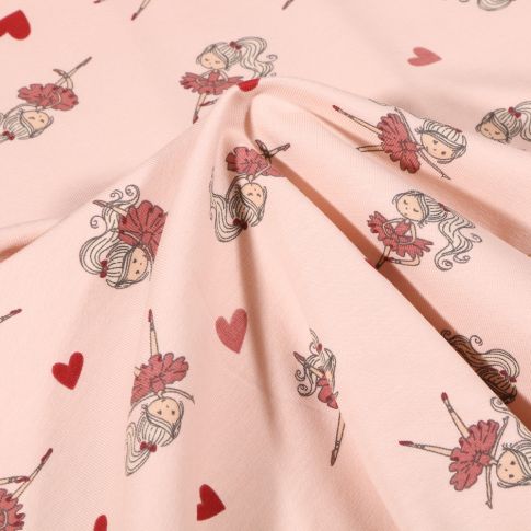 Tissu Jersey Coton Ballerines et petits coeurs sur fond Rose pâle