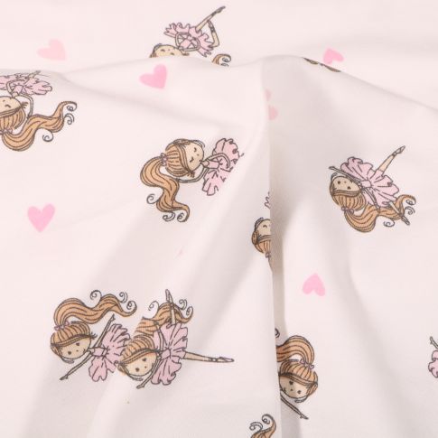 Tissu Jersey Coton Ballerines et petits coeurs sur fond Blanc