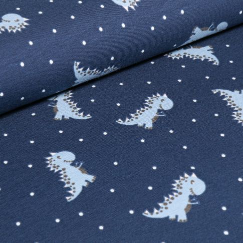 Tissu Jersey Coton Baby Dino sur fond Bleu denim