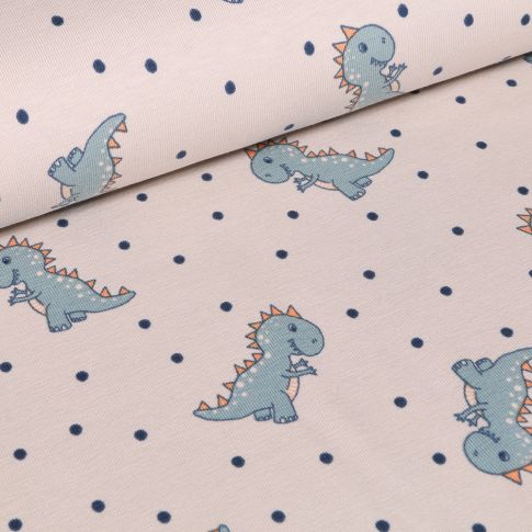 Tissu Jersey Coton Baby Dino sur fond Blanc cassé