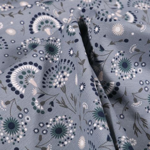 Tissu Jersey Coton Pissenlit stylisé sur fond Gris