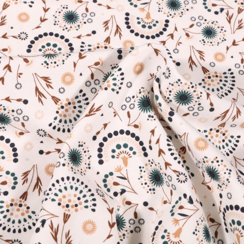 Tissu Jersey Coton Pissenlit stylisé sur fond Blanc cassé