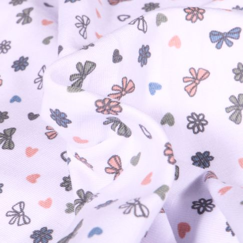 Tissu Jersey Coton Petits nœuds et cœurs sur fond Blanc