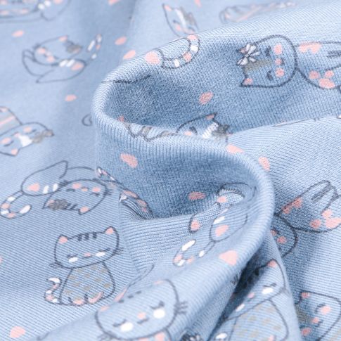 Tissu Jersey Coton Chatons sur fond Bleu ciel