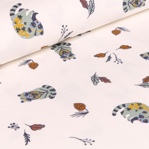 Tissu Jersey Coton Raton laveur sur fond Blanc cassé