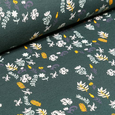Tissu Jersey Coton Petites fleurs et feuilles sur fond Vert foncé
