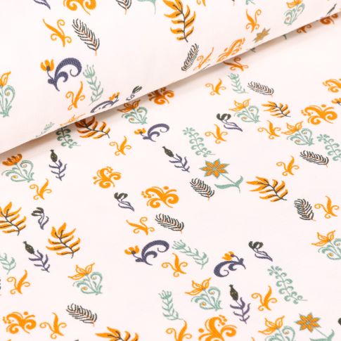 Tissu Jersey Coton Petites fleurs et feuilles sur fond Blanc cassé