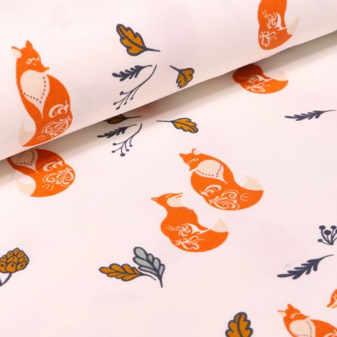 Tissu Jersey Coton Renards et végétations sur fond Blanc cassé