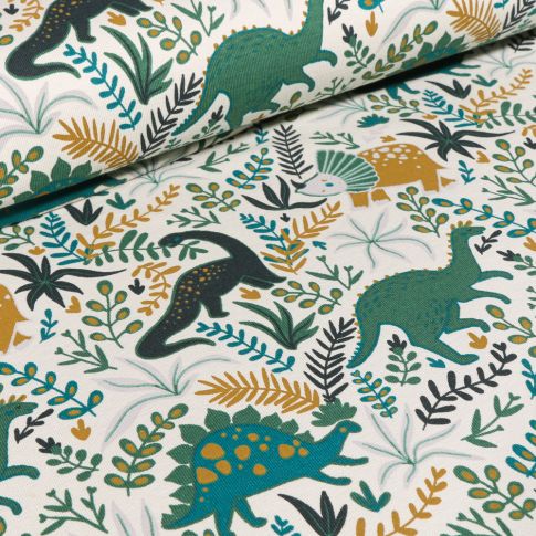 Tissu Jersey Coton Dinosaures vert sur fond Blanc
