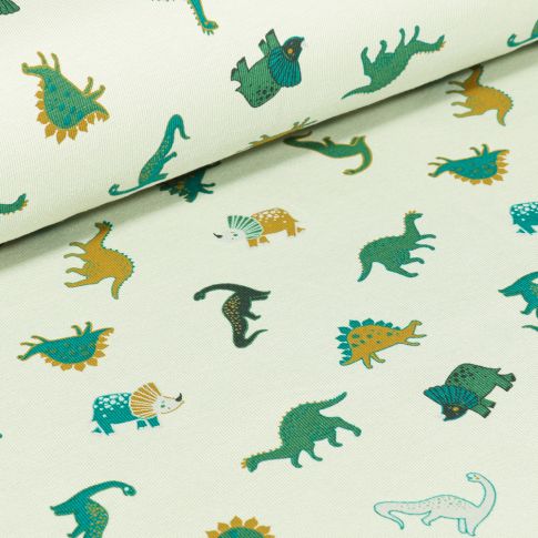 Tissu Jersey Coton Dinosaures verts et ocre sur fond Blanc