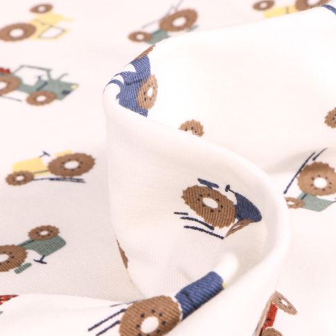 Tissu Jersey Coton Tracteurs colorés sur fond Blanc cassé