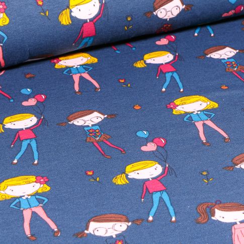 Tissu Jersey coton Fillettes et ballons sur fond Bleu