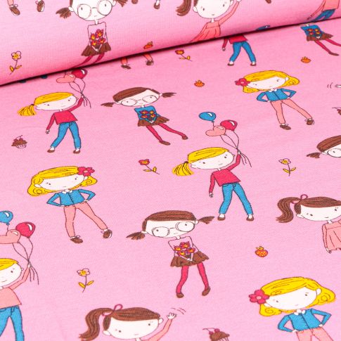 Tissu Jersey coton Fillettes et ballons sur fond Rose