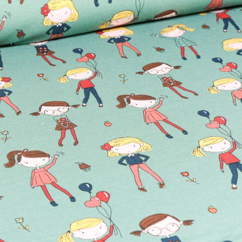 Tissu Jersey coton Fillettes et ballons sur fond Vert amande