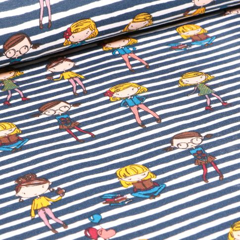Tissu Jersey coton rayé Ecoliers sur fond Bleu marine