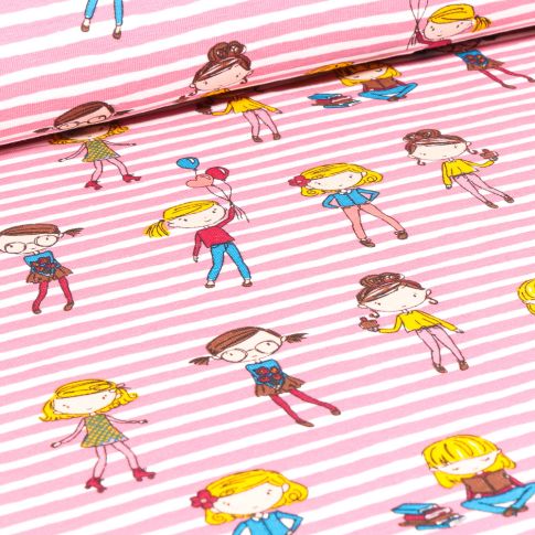 Tissu Jersey coton rayé Ecoliers sur fond Rose