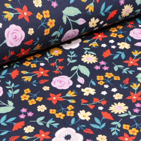 Tissu Jersey Coton Fleurs sur fond Bleu marine