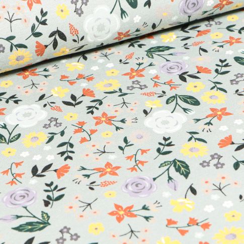 Tissu Jersey coton Roses colorés sur fond Vert menthe clair