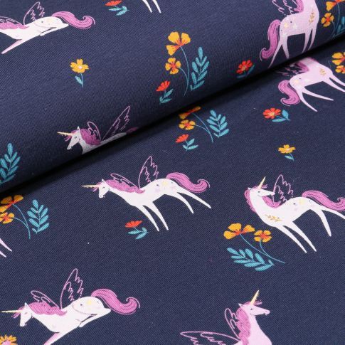 Tissu Jersey Coton Licornes et petites fleurs sur fond Bleu marine