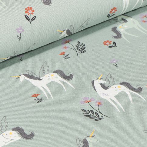 Tissu Jersey Coton Licornes et petites fleurs sur fond Vert d'eau